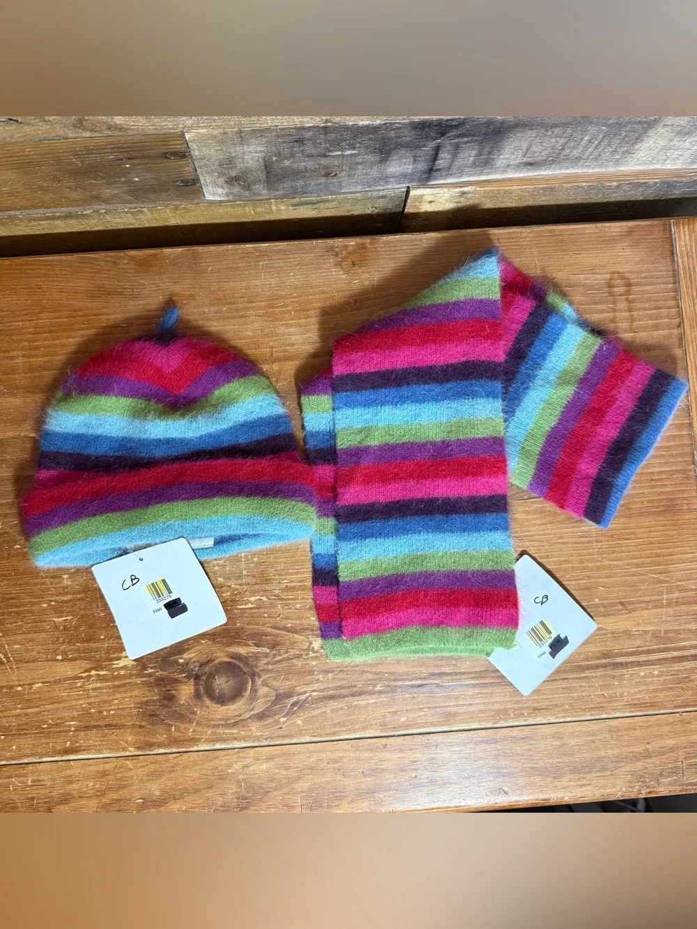 Cappelli Straworld Kids Hat and Scarf Angora Wool Polyester Striped Blue Pink